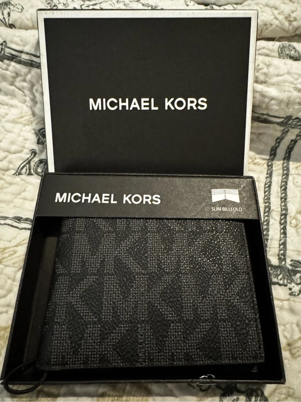 Michael Kors Men’s All Over MK Logo Print Leather Slim Billfold Wallet Black NWT